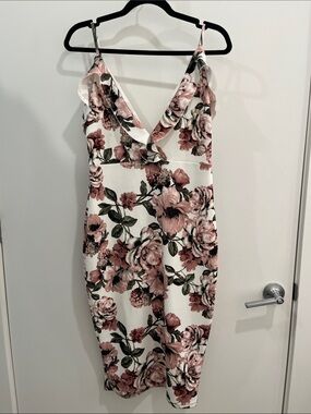 Revamped White Midi Dress with Pink Floral Print- size Large NWT